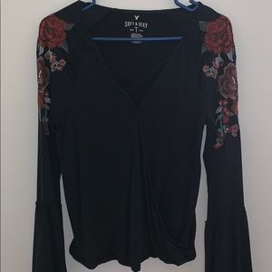 Black floral embroidery wrap top
